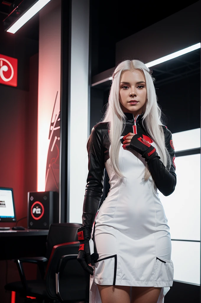 esport logo, Girl with long white hair, red dress, black gloves, named Syntia