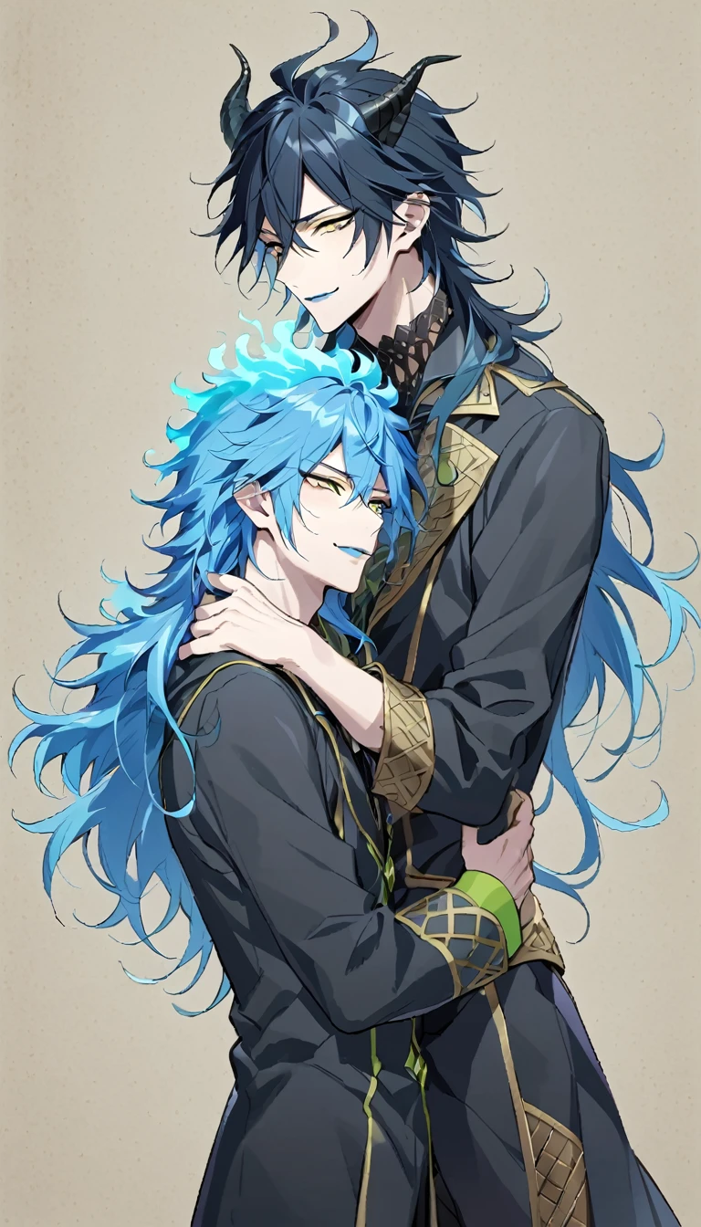 masterpiece, best quality,  full body shot, (1nd boy, malleus draconia \(twisted wonderland\) horns, bishounen, boy, male, yana Toboso style, long hair, black hair, yellow green eyes, smile, gray lips, handsome, skinny, tall, yellow green glow, anime style),  (2st boy,Idia Shroud, bishounen, boy, male, yana Toboso style, extremely long hair, blue hair, blue fire hair, wavy hair, yellow eyes, tired expression, blue lips, handsome, skinny,  geeky, blue glow, shark teeth, anime style,) 2boy, bangs, lesbian+, small breast, (looking down at another:1.5), small breasts, late teens, (look at each other:1.5), (school uniform), A 18 year old, somewhat muscular male, (Note: The human body should be accurately depicted biologically and anatomically.) Two men are hugging each , looking at viewer,