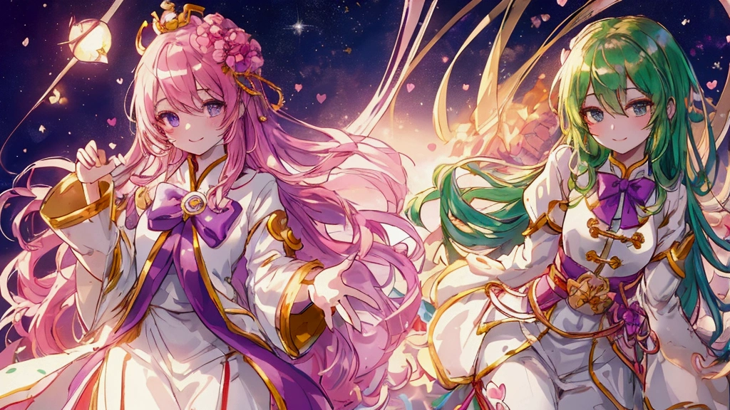 (Tabletop:1.3), (Highest quality:1.3), High resolution, Cooboy Shot, behind, Sleep, (pretty girl:1.3), One person, White skin, Small breasts, Big smile、Eight-headed man, green,Green Hair ,short hair, Beautiful Hair, Beautiful attention to detail, Ultra-detailed eyes、Sparkling eyes,Iridescent aura around the eyes、green緑色の目、Fine eyes to be sucked in,blush, Heart symbol, Outdoor, Purple Background, Gorgeous bedding, Best image quality、Octane、Shadow lighting, teacher, Wearing a white dress, White leggings, Look at the details, Detailed eyes, Purple bow tie, A golden crown floating on her head, The background is China's space
