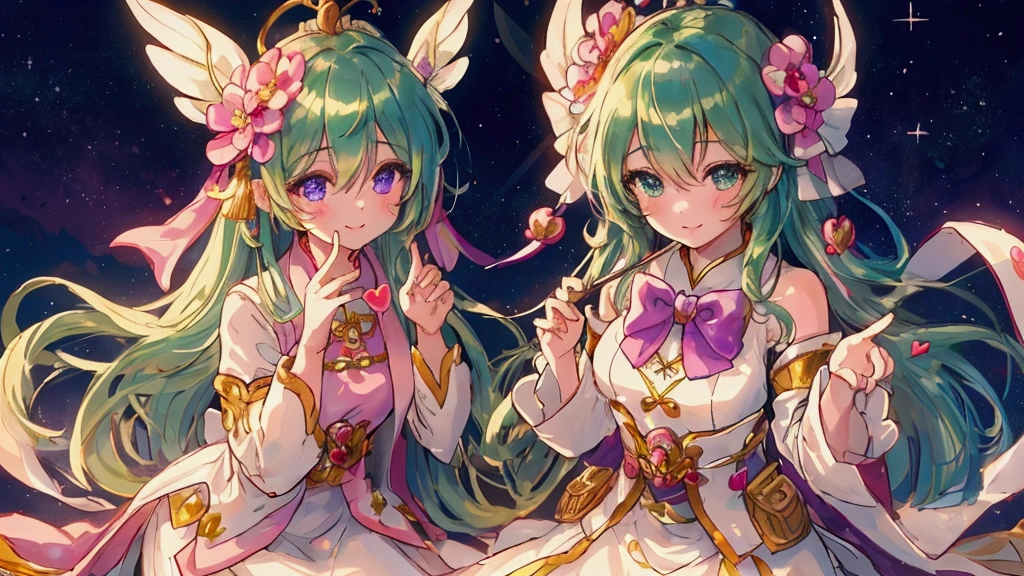 (Tabletop:1.3), (Highest quality:1.3), High resolution, Cooboy Shot, behind, Sleep, (pretty girl:1.3), One person, White skin, Small breasts, Big smile、Eight-headed man, green,Green Hair ,short hair, Beautiful Hair, Beautiful attention to detail, Ultra-detailed eyes、Sparkling eyes,Iridescent aura around the eyes、green緑色の目、Fine eyes to be sucked in,blush, Heart symbol, Outdoor, Purple Background, Gorgeous bedding, Best image quality、Octane、Shadow lighting, teacher, Wearing a white dress, White leggings, Look at the details, Detailed eyes, Purple bow tie, A golden crown floating on her head, The background is China&#39;s space
