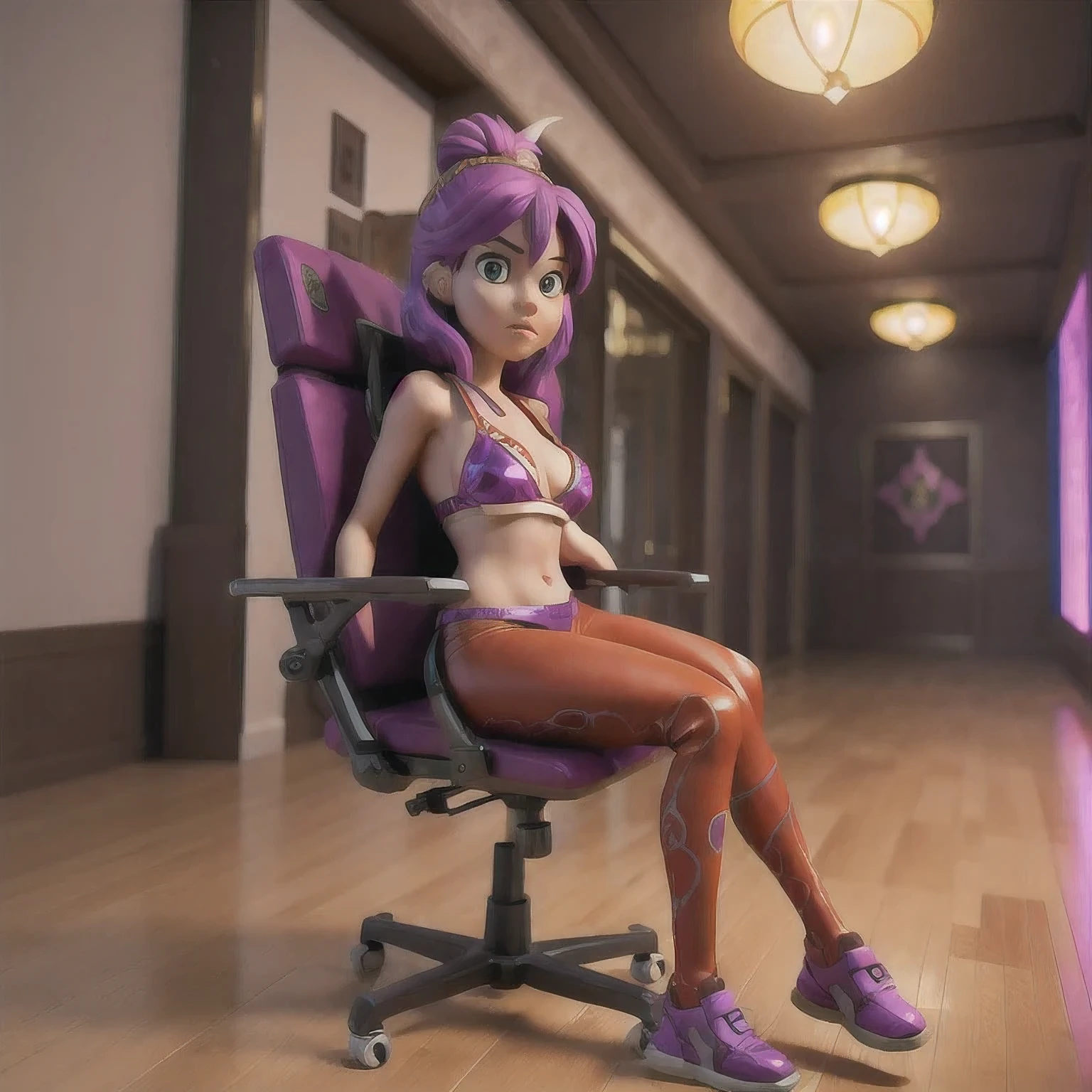 a  in a bikini top and shorts sitting on a chair, 3 d neon art of a cyberpunk frog, scifi character render, 3 d render stylized, 3 d render beeple, stylized 3d render, style of starfinder, scifi character, rolands zilvinskis 3d render art, rendered in redshift, colored zbrush renderarafed girl with purple hair sitting on a black chair, realistic anime 3 d style, 3 d anime realistic, realistic artstyle, hyper realistic anime, anime style. 8k, photorealistic anime girl render, anime styled 3d, realistic anime artstyle, hyper-realistic cyberpunk style, anime realism style, Dreamy Cyberpunk Girl，(Seventh Hell:1.8) (Ecological library:1), ((Raw, Analog style)), light, Atmospheric Lights, Divine Light, Extremely detailed, bloom, Theatrical atmosphere, Center, rule oF thirds, F/1.4, 6 mm, High Angle Shot,