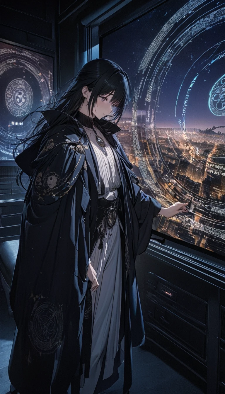 best quality, Ultra-high quality, 16K, Very detailed, Delicate and dynamic, mysterious,A man looks up at the starry sky with a demon standing behind him，Costume，(City)，Chang'an night view，The Glory of the Magic Circle，The character is at the bottom of the screen，Long-range photos，