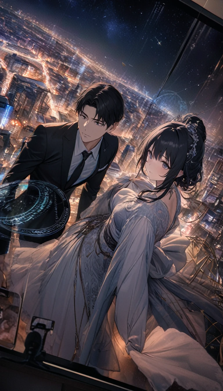 best quality, Ultra-high quality, 16K, Very detailed, Delicate and dynamic, mysterious,A man looks up at the starry sky with a demon standing behind him,Costume,(City),Chang'an night view,The Glory of the Magic Circle,The character is at the bottom of the screen,Long-range photos,