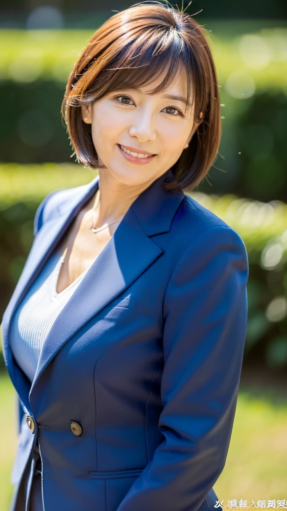 ((最high quality, 8k, masterpiece: 1.3)), (close:0.75), Realistic, Sharp focus, high quality, High resolution, Japanese women、48 years old、Middle-aged mature woman face、Chubby body type、Her breasts are huge, measuring 40 inches. {Wearing a navy blue business suit}, ((Very strong sunlight)), smile, Red hair Sonyeon,会社の更衣室ででカメラに向かいsmile、Upper body image、smileのアップ8K画像、