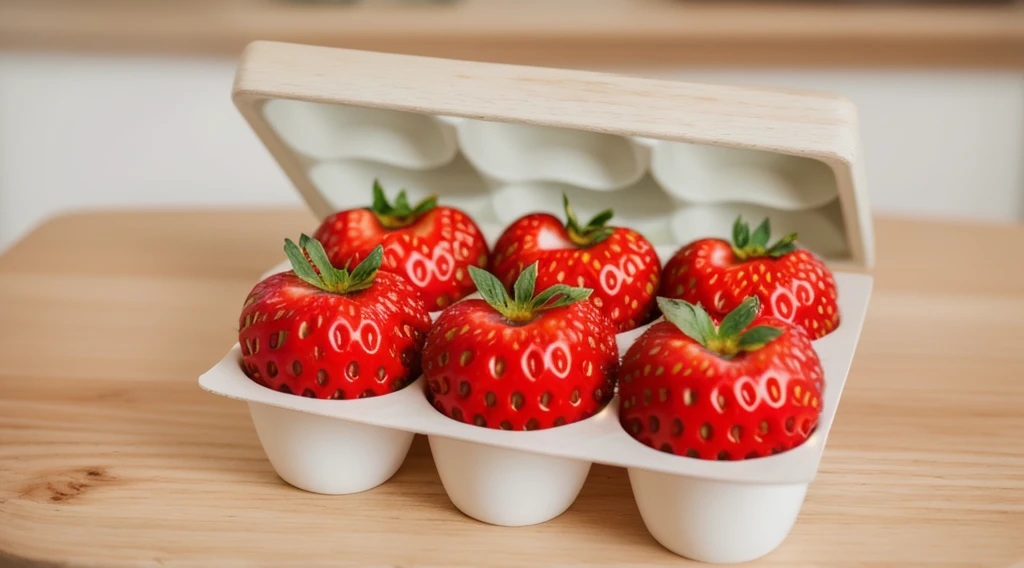 on a wooden table, in a paper egg tray, there are 6 strawberries instead of eggs, strawberries in an egg tray, realistic texture, realistic style, detailed texture, high quality, high resolution, high quality rendering, realistic photo, brightning light, macro photo