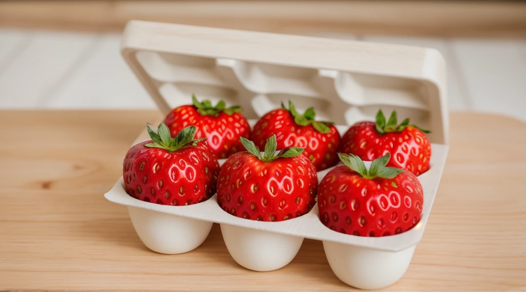 on a wooden table, in a paper egg tray, there are 6 strawberries instead of eggs, strawberries in an egg tray, realistic texture, realistic style, detailed texture, high quality, high resolution, high quality rendering, realistic photo, brightning light, macro photo