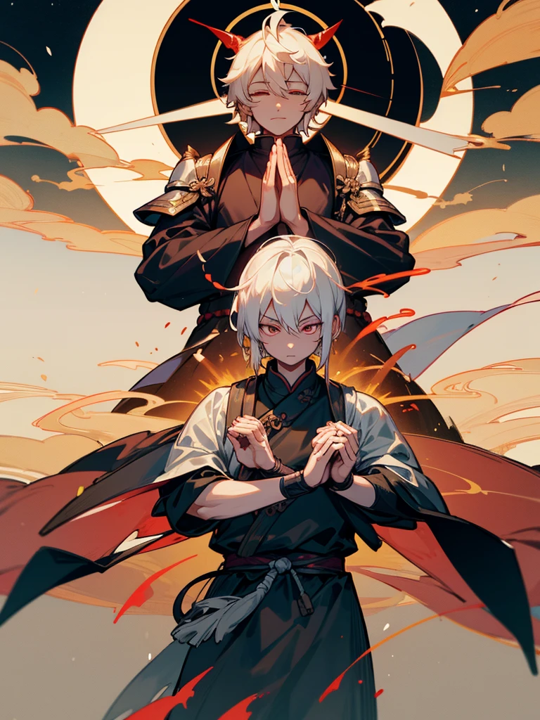 Buddha,Burning Eyes, horn, white short hair, black armor, tori ready, man, full moon, hands together in prayer, Zen meditation golden lion Chi Japanese sword demon vengeful spirit evil spirit Tai Chi Fubuki
