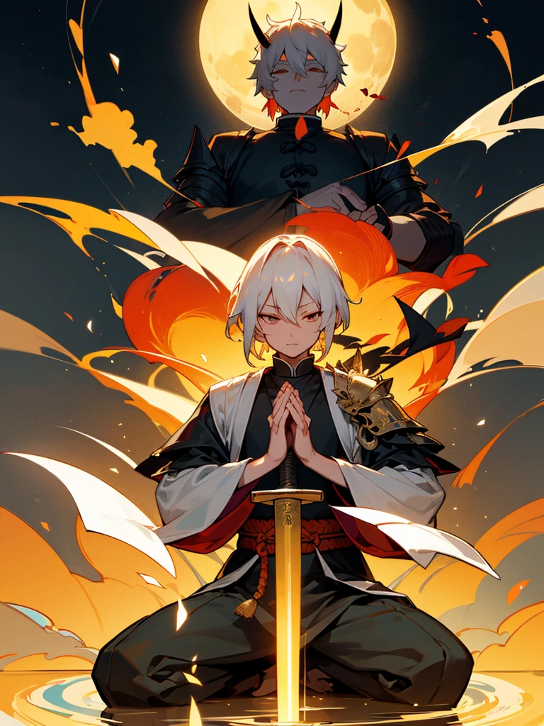 Buddha,Burning Eyes, horn, white short hair, black armor, tori ready, man, full moon, hands together in prayer, Zen meditation golden lion Chi Japanese sword demon vengeful spirit evil spirit Tai Chi Fubuki