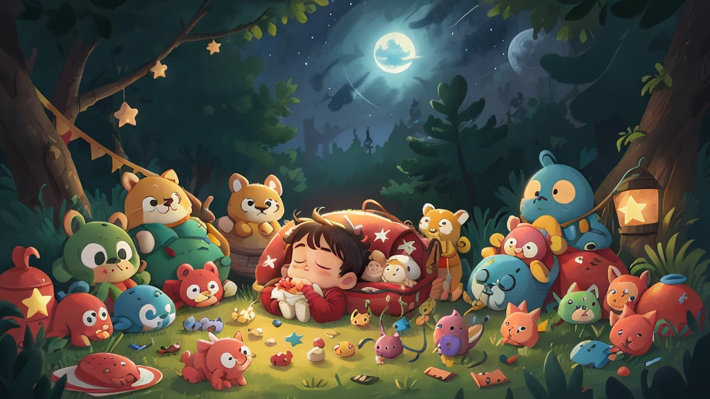 At night, in the darkness, under a sky full of stars, a newborn baby is fast asleep, with toys placed around him.