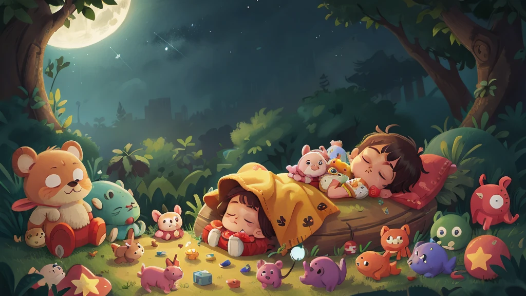 At night, in the darkness, under a sky full of stars, a  is fast asleep, with toys placed around him.