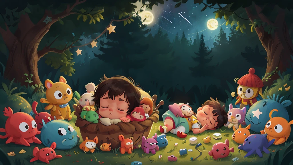 At night, in the darkness, under a sky full of stars, a newborn baby is fast asleep, with toys placed around him.