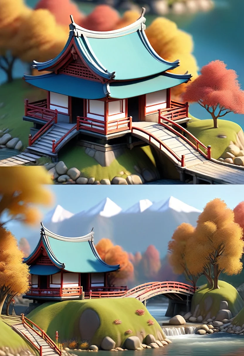 (Isometric Art:1.5)，The art of math，Dreamlike scenery，(Mountains、Fall:1.6)，Around the mountain road，Ancient bridge，pavilion，river，Small boat，small village，(high quality，Masterpiece，Octane Rendering，Ray Tracing，Extremely detailed，3d，8k:1.5)