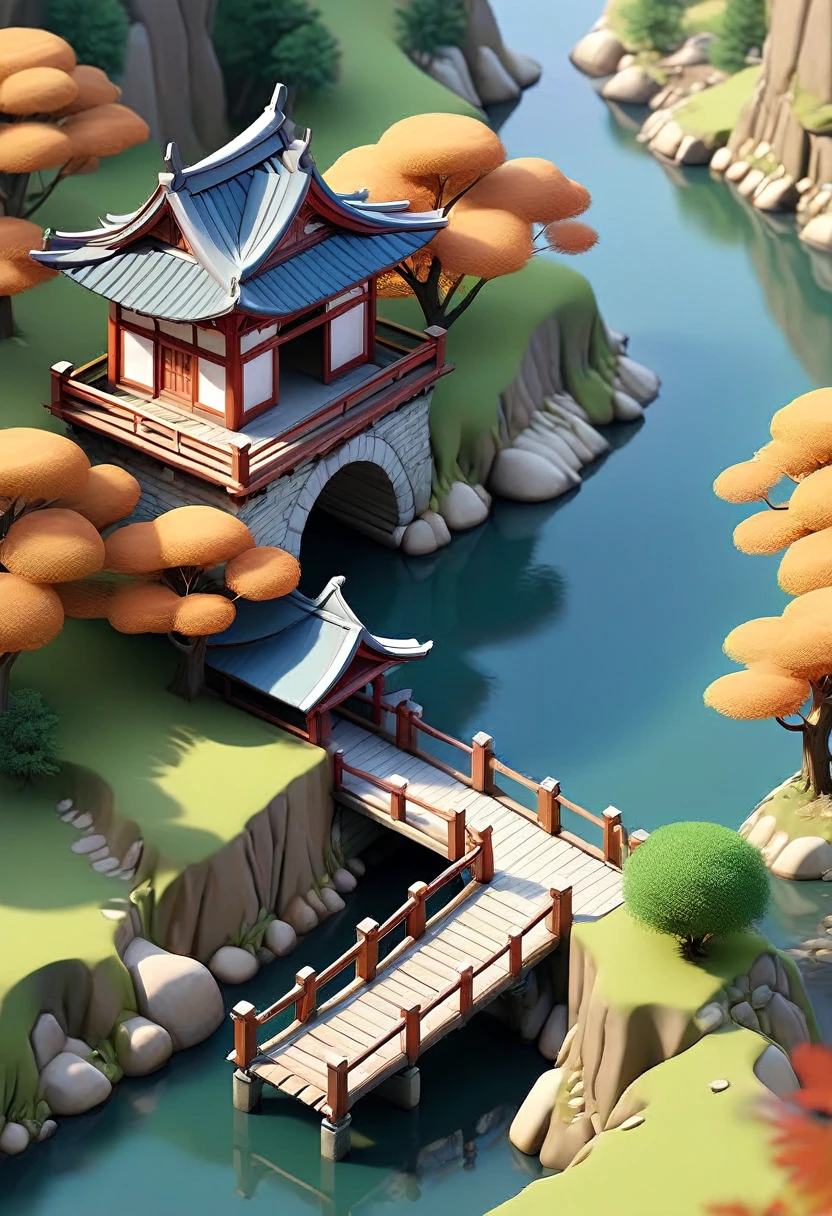 (Isometric Art:1.5)，The art of math，Dreamlike scenery，(Mountains、Fall:1.6)，Around the mountain road，Ancient bridge，pavilion，river，Small boat，small village，(high quality，Masterpiece，Octane Rendering，Ray Tracing，Extremely detailed，3d，8k:1.5)