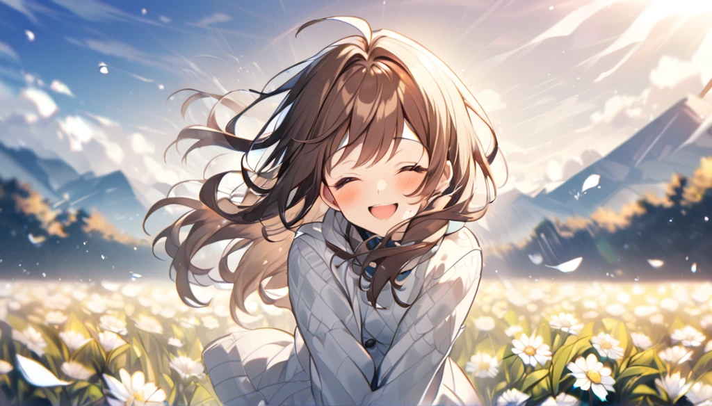 sunny day、Flower Field、Brown hair shaking with the cold、smile