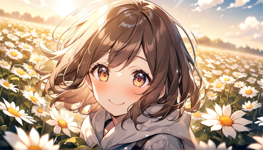 sunny day、Flower Field、Brown hair shaking with the cold、smile