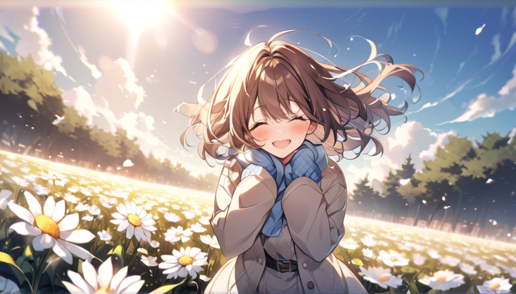 sunny day、Flower Field、Brown hair shaking with the cold、smile