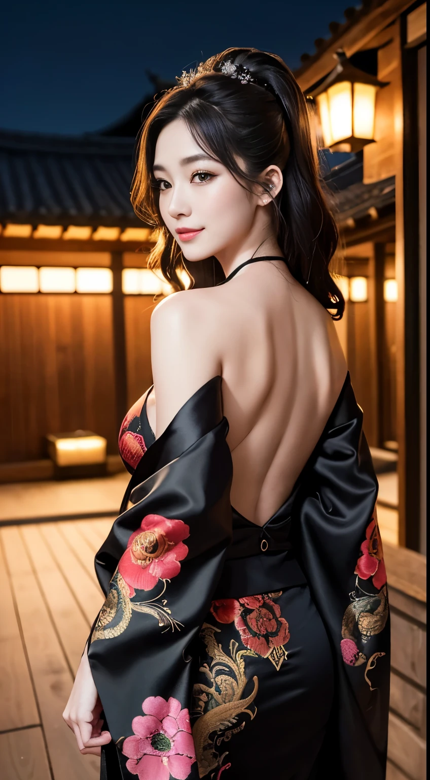 8K Ultra HD, Digital SLR,Film Grain, Fujifilm XT3,(Highest quality:1.3), (masterpiece:1.1), High resolution, Cinematic Light, Intricate details, (Realistic) (Night view) Realistic backlight、Dramatic reddish light、Beautiful Japanese Geisha full body photo, ((Facial texture Pore details)), Grin、Devilish smile, Simple messy hairstyle, She wears a black satin kimono decorated with traditional dragon motifs.., Open shoulders, Colorful dragon tattoos all over the body, Has a long blade, Long-bladed Japan sword in hand,Inside a traditional villa, 8k, Front blur