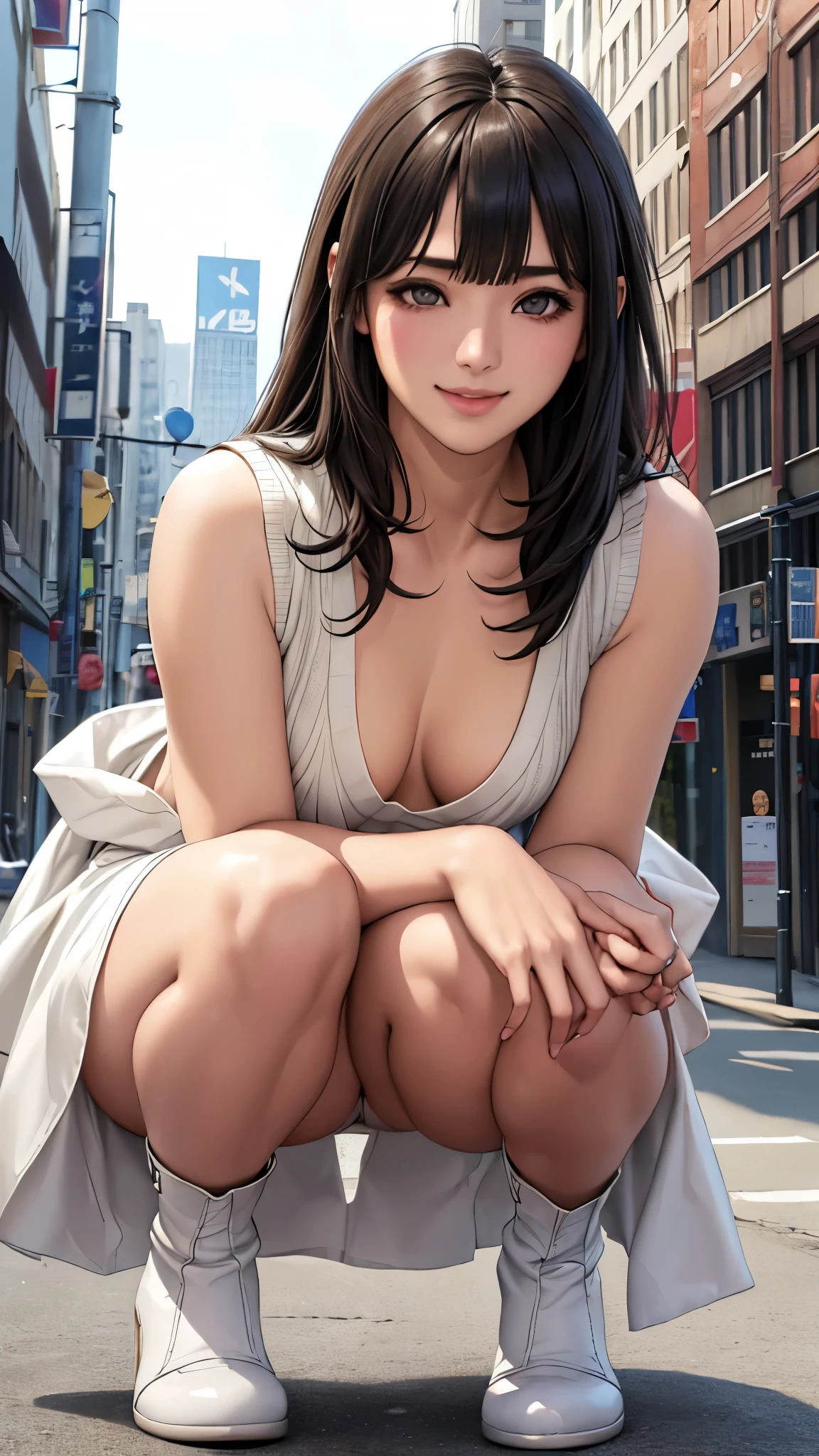 (8K, 超High resolution, highest quality, pieces fly:1.2),(26 years old:1.2)、(big smile)、(avert your eyes)、8K、Japanese girl raw portrait、超High resolution、highest quality、 (small breasts:1.5),(sleeveless knit dress:1.5)、(from below:1.2)、walk、support your chest with your hands、(Panty shot:1.2)、(city:1.4) Blake is (natural skin texture、fine skin、hyper realism、Super sharpness)、intricate details、written boundary depth、idol sculpture、actress model pose、 lady、、long black hair、Rear view、beautiful butt、star piece、highest quality、High resolution))、(1 girl)、(realistic:1.4)、alone、close your mouth、happy smile、smile happily、pretty black hair、Big eyes、Clear double eyelids、eyelash、stick out ears、long neck、Absolute area、beautiful clavicle、perfect face、bangs、きれいなbangs、thin lips、Fair skin、small face、face becomes smaller、draw all the heads、look slightly upward at the camera、(look at the audience、eye highlights、light brown eyes、lip gloss chest bulge、squat、white boots、