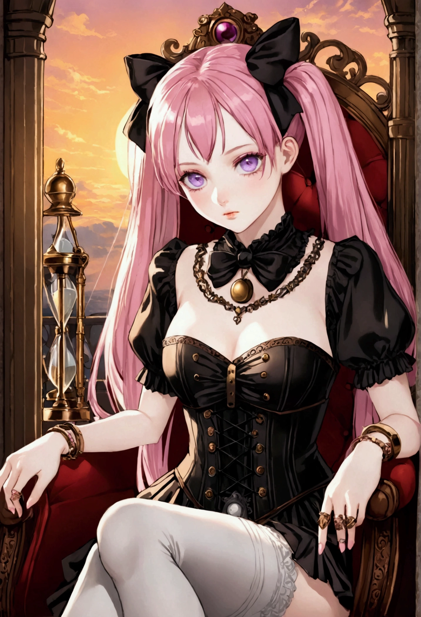 In a large mansion, in a steampunk world, in a sunset, sitting in a chair crossing her legs, nostalgic, looking at the horizon, a beautiful 18 year old woman, /(Pale white skin, extremely long pink hair combed in two pigtails and a lock over the left eye, violet eyes,), /(Hourglass shaped body, medium hips, medium waist, shapely legs, large chest, small hands, slender fingers, Greek nose, almond eyes,), (Victorian style clothing: black blouse with corset covering entire torso fastened with threads, short skirt with gray pleats and back pigtail, knee-high stockings, black knee-high boots, bow on head, rings on fingers, necklace, bracelets on wrists,),