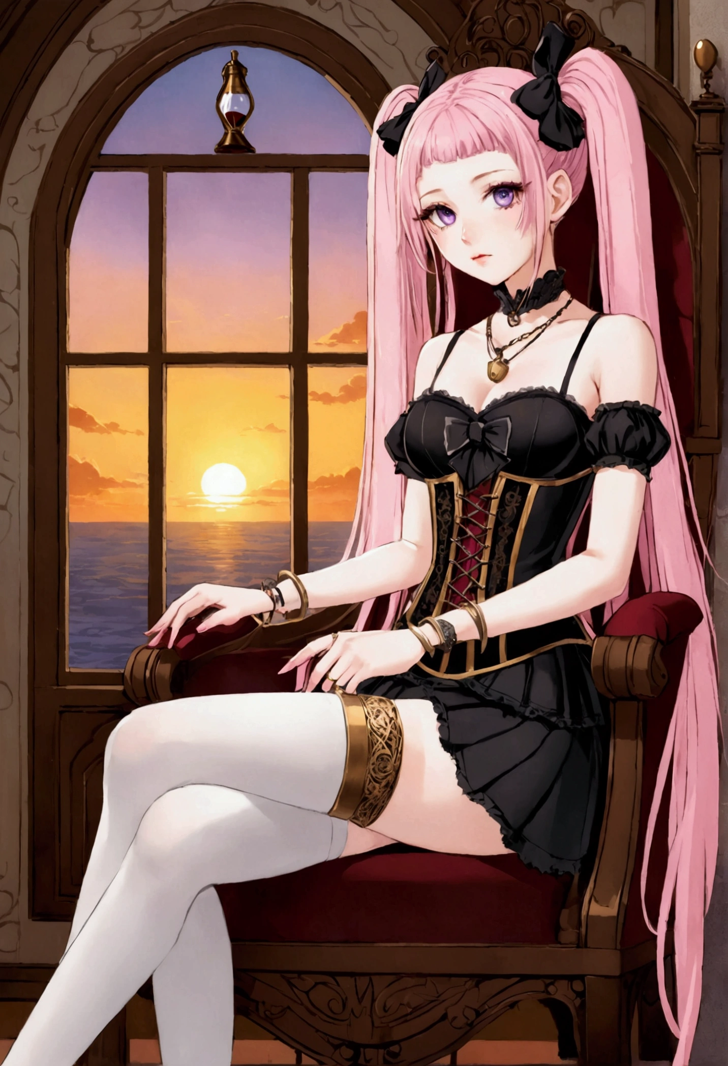In a large mansion, in a steampunk world, in a sunset, sitting in a chair crossing her legs, nostalgic, looking at the horizon, a beautiful 18 year old woman, /(Pale white skin, extremely long pink hair combed in two pigtails and a lock over the left eye, violet eyes,), /(Hourglass shaped body, medium hips, medium waist, shapely legs, large chest, small hands, slender fingers, Greek nose, almond eyes,), (Victorian style clothing: black blouse with corset covering entire torso fastened with threads, short skirt with gray pleats and back pigtail, knee-high stockings, black knee-high boots, bow on head, rings on fingers, necklace, bracelets on wrists,),