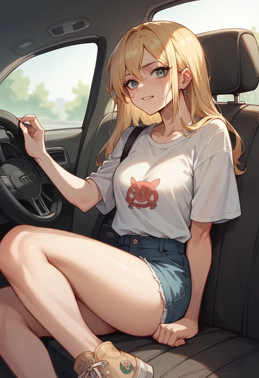 Real young blonde woman in a car