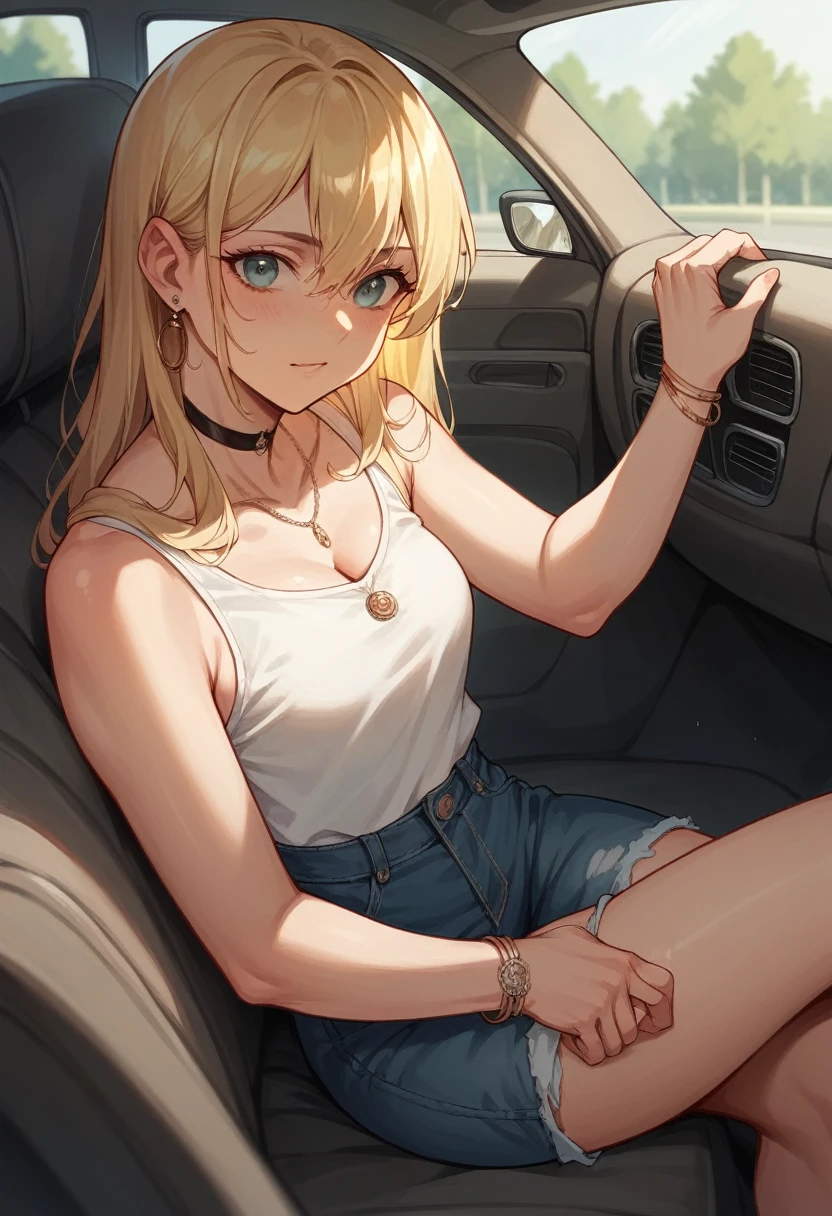 Real young blonde woman in a car