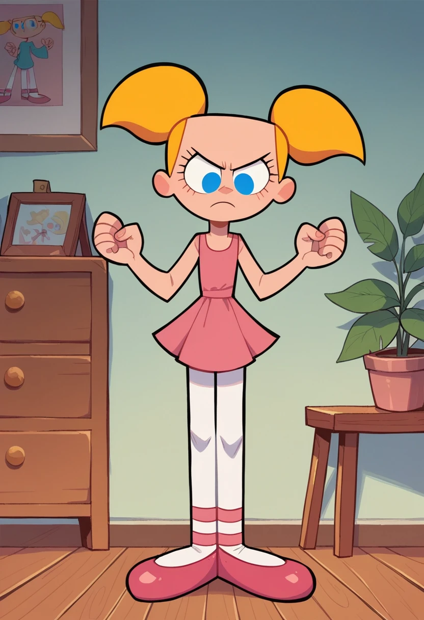 dee dee, ballet dress, ballet shoes, blonde, blue eyes, short pigtails, room