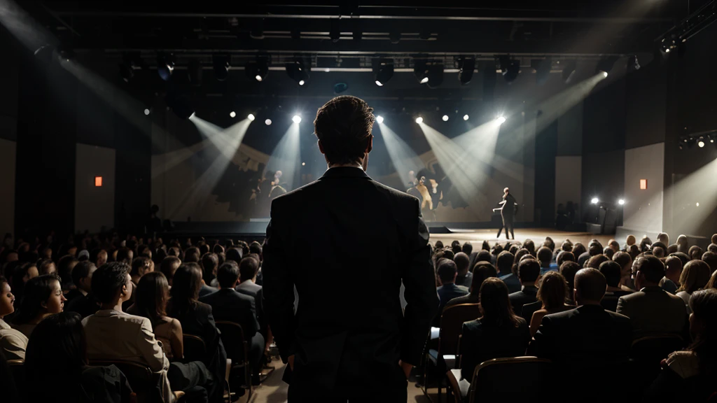 A man in a suit stands on the stage, his back turned to the camera. He holds a microphone in front of him in his hand. His face is illuminated by a spotlight. In front of him you can see a fuzzy audience where people are sitting on chairs.  The stage is lit with warm light, and the color scheme is subdued and elegant. You can see a bust of a man located on the side of the graphic