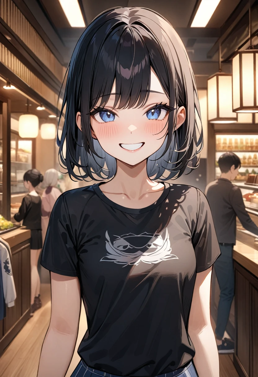 (masterpiece, top quality, very aesthetic, 4k、illustration), intricate detail, 1girl,Standing 、(upper body)、grin、()、
Cute 、black hair、,middle hair,sidelock ,,blue eye、Casual clothes、small breasts、Slim 、