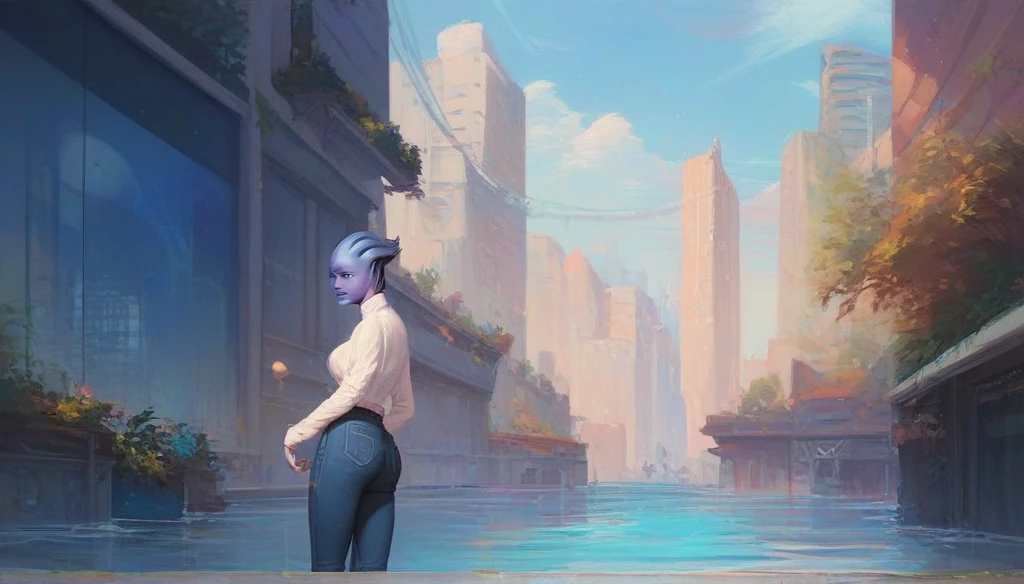 1girl, asari woman, pale blue skin, swater, long sleeves, jeans, in the apartment, city background, high resolution, masterpiece