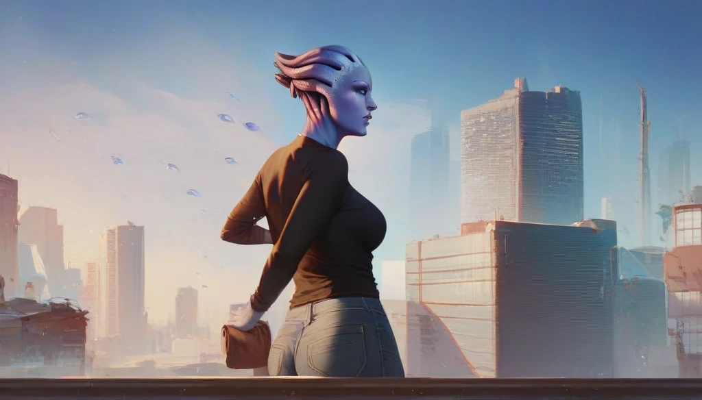 1girl, asari woman, pale blue skin, swater, long sleeves, jeans, in the apartment, city background, high resolution, masterpiece