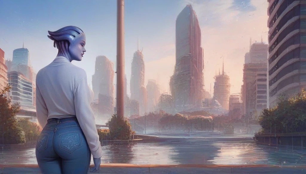 1girl, asari woman, pale blue skin, swater, long sleeves, jeans, in the apartment, city background, high resolution, masterpiece