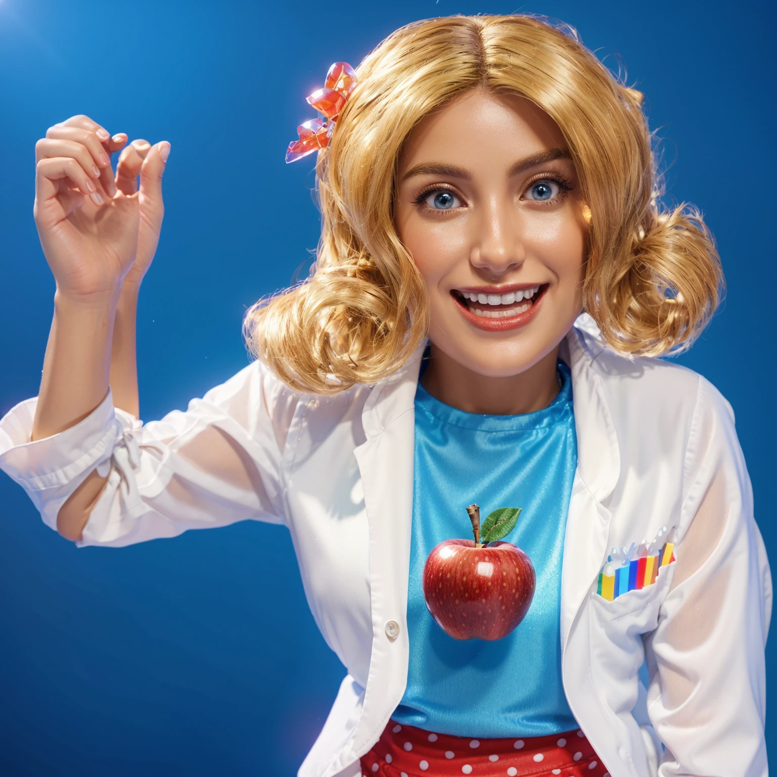 The image features a cheerful woman with blonde curly hair wearing a blue jacket and a red apple on her chest, standing in front of a blue background, smooth 3d model, glossy plastic texture, multiple light sources, rim light, sharp post effects render, most beautiful vfx, , realistic, 4k, high resolution, rim light, smooth 3d model. ,  glossy texture, smooth 3d model, multiple light sources, rim light, sharp post effects render, (glossy plastic texture with multiple big light probe refractions), perfect cgi,   reflective, best quality, 4k, masterpiece:1.2, ultra-detailed, realistic, vivid colors, The image of the highest quality, ensuring every detail showcased perfectly. It in 4k resolution, allowing viewers to immerse themselves in the richness of the colors and intricate details. The realistic rendering. under the spotlight, reflecting, high-resolution image, realistic rendering