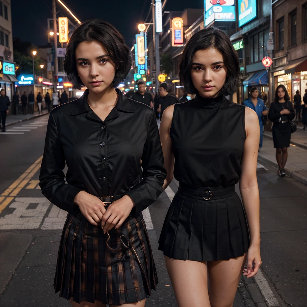 Cute young woman, Black short hair, Brown eyes, Queen,Pleated skirt suit,Street Lights,Neon lights,Bustling street background,(Umbilical cord:1.1,Princess Eyes), noble, Royal Family, high quality, masterpiece, Very detailed