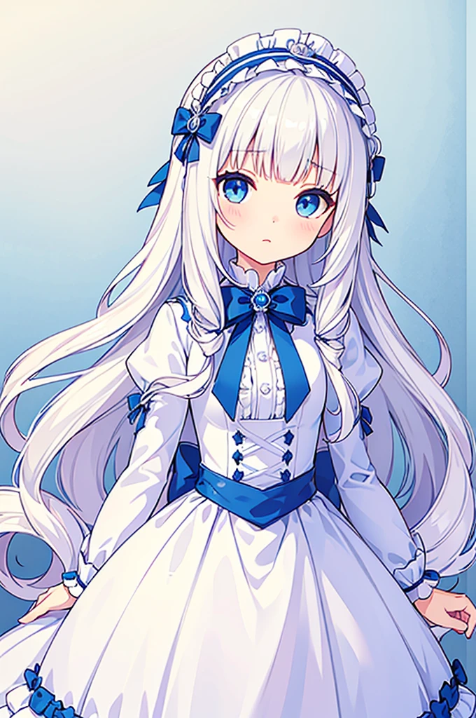 (best quality,height,Masterpiece:1.2),Very detailed,illustration,Very delicate and beautiful,long white ponytail,Spiral Hair,drill,cute ****ta,white princess dress,****ta style,Cute big eyes,blue eyes,white hair!!!,blue rose headband,angel,(Facing the front!!!),Facing forward,blank background