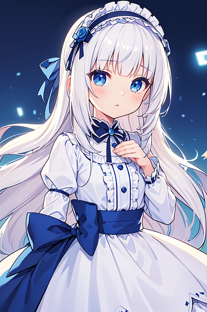 (best quality,height,Masterpiece:1.2),Very detailed,illustration,Very delicate and beautiful,long white ponytail,Spiral Hair,drill,cute ****ta,white princess dress,****ta style,Cute big eyes,blue eyes,white hair!!!,blue rose headband,angel,(Facing the front!!!),Facing forward,blank background