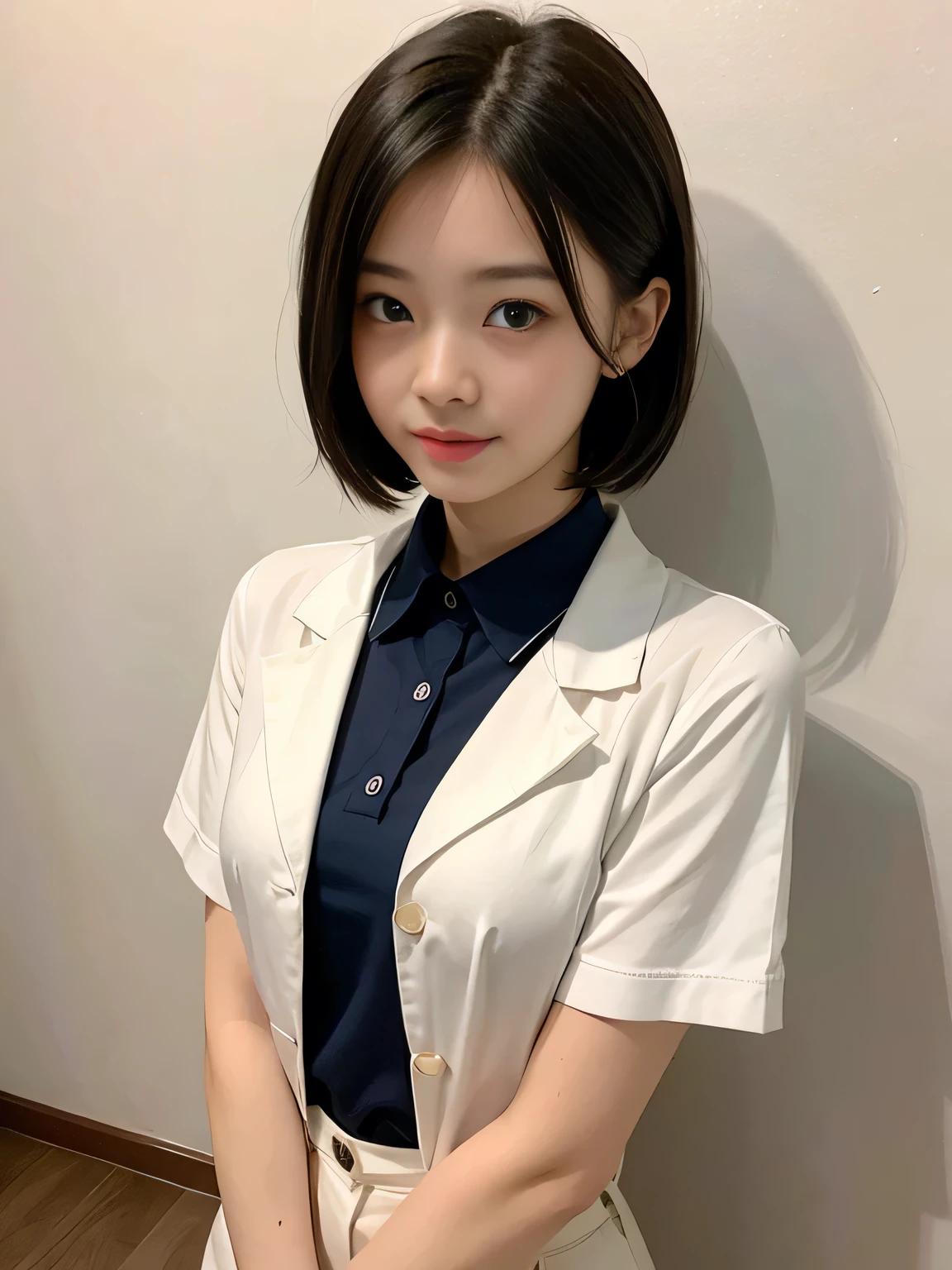 Highest quality、Figures、sexly、slender、Navy open front polo shirt、sexly非常に詳細、Fine details、Slim Body、slender、Japanese Girls、High resolution、8k、wallpaper、Perfect dynamic composition、Beautiful fine details、Short Bob Hair、Big natural color lip、大胆なsexlyポーズ、smile、Cold Stare、18 year old girl、Cute、Lolita、Good eyesight、whole body、Pink Wall、smile、