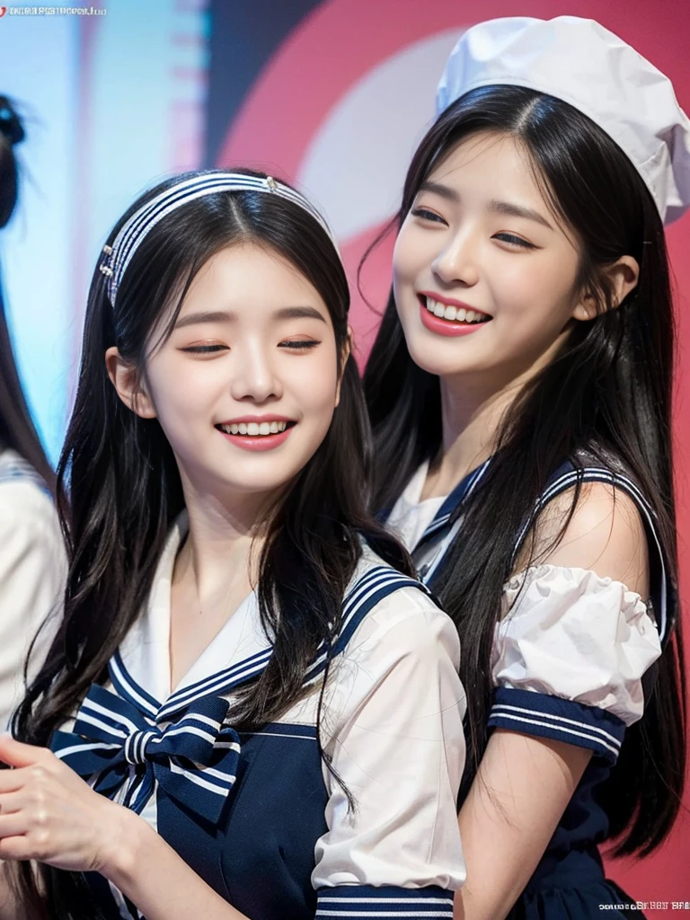 (A photo of a super cute Korean high school girl duo with their eyes closed and their mouths wide open singing into a microphone:1.2)(grin,smile:1.1)(Beautiful Sweat:1.1)(16K, RAW Photos, Highest quality, masterpiece: 1.2),(Cute hairstyle with shiny black hair) Super detailed, Super Resolution, (Genuine, Genuine photos: 1.37), Portraiture, High-resolution RAW color photos, Professional photos, Very detailed, 8k wallpaper, Very detailed CG Unity 8k wallpaper, Very detailed beautiful girls, Very detailed faces, ((whole body)), beautiful woman, Huge breasts,(huge boobs:1.1) (Big Boobs:1.1), beautiful (Wearing cute frills),high school girl, Korean Girls,(K-POP Female Idols), (Idol-class beauty)(Beautiful high school girl:1.1)(Karaoke Room)()(Ruffled sailor-style shirt:1.1)Cute hairpin,