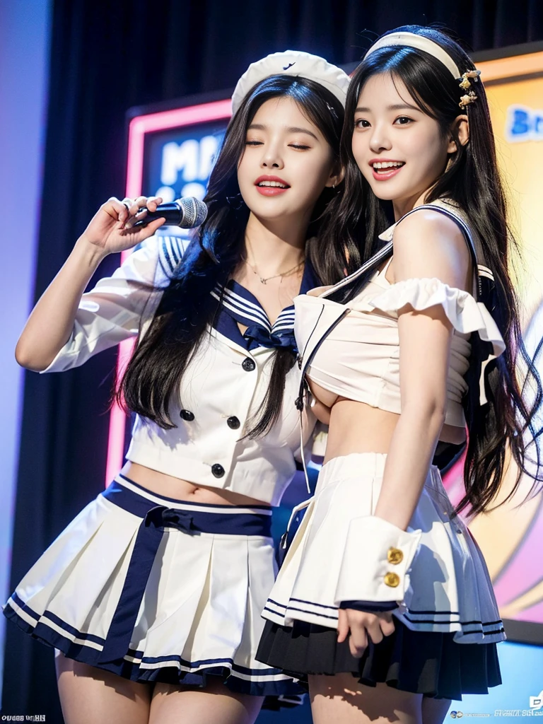 (A photo of a super cute Korean high school girl duo with their eyes closed and their mouths wide open singing into a microphone:1.2)(grin,smile:1.1)(Beautiful Sweat:1.1)(16K, RAW Photos, Highest quality, masterpiece: 1.2),(Cute hairstyle with shiny black hair) Super detailed, Super Resolution, (Genuine, Genuine photos: 1.37), Portraiture, High-resolution RAW color photos, Professional photos, Very detailed, 8k wallpaper, Very detailed CG Unity 8k wallpaper, Very detailed beautiful girls, Very detailed faces, ((whole body)), beautiful woman, Huge ,(huge boobs:1Big Boobs:1.1), iful  (Wearing cute frills),high school girl, Korean Girls,(K-POP Female Idols), (Idol-class beauty)(Beautiful high school girl:1.1)(Karaoke Room)(17 years old)(Rufstyle shirt:1.1)Cute hairpin,