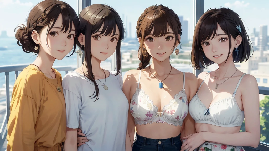 Balcony of a high rise apartment・Balcony(Highest quality、masterpiece、High resolution)、(Sargent-style watercolor)、(Anime Art)、Old school building、((Multiple women、Everyone is standing, got in line))、(Detailed depiction of a beautiful face)、A kind smile、Medium Short Hair、Dark Brown Hair、Braiding、、drink tea、Cinematic Light、Soft sunlight、、White bra and underwear set、Or a set of black bra and underwear、Or a set of red bra and underwear、Or a set of blue bra and underwear、Or wearing a purple bra and underwear set, Or a set of orange bra and underwear、、Floral bra、Floral underwear(1.8)。whole bodyが写る(1.8)
information(Highest quality:1.2)、Very detailed、High resolution、masterpiece:1,2、Bright colors、Bokeh、Professional Lighting、Physically Based Rendering、Flat Color:0.8、Great illustrations、Realistic:1.37、Makoto Shinkai style、Name Style、Light Brown Hair、Elegant update、Short Bob、Three young women in casual clothes、Laugh together、Dynamic poselip、cheek(Dark Brown Hair/)bangs、cheek(direction)、(最高masterpiece1.2)繊細なイラストVery detailed、Breaking the Blue Sky、Detailed Background、20-year-old female、whole bodyが写る、A shy smile、Through clenched teeth、Through clenched teeth、lip、cheek(Flat Color: 0.8)、(masterpiece: 1,2)、(masterpiece: 1,2)、High resolution、超High resolution、Highest quality、High resolution、Ultra-thin illustration、Makoto Shinkai style、Your name is style、Short Bob、necklace、Earrings、Dynamic pose、Selfie、whole body、Brown Hair、Braiding、Hair Bun、ponytail・Hair Bunスタイル、necklace、Valletta、ribbon、Earringsアニキュア,。
