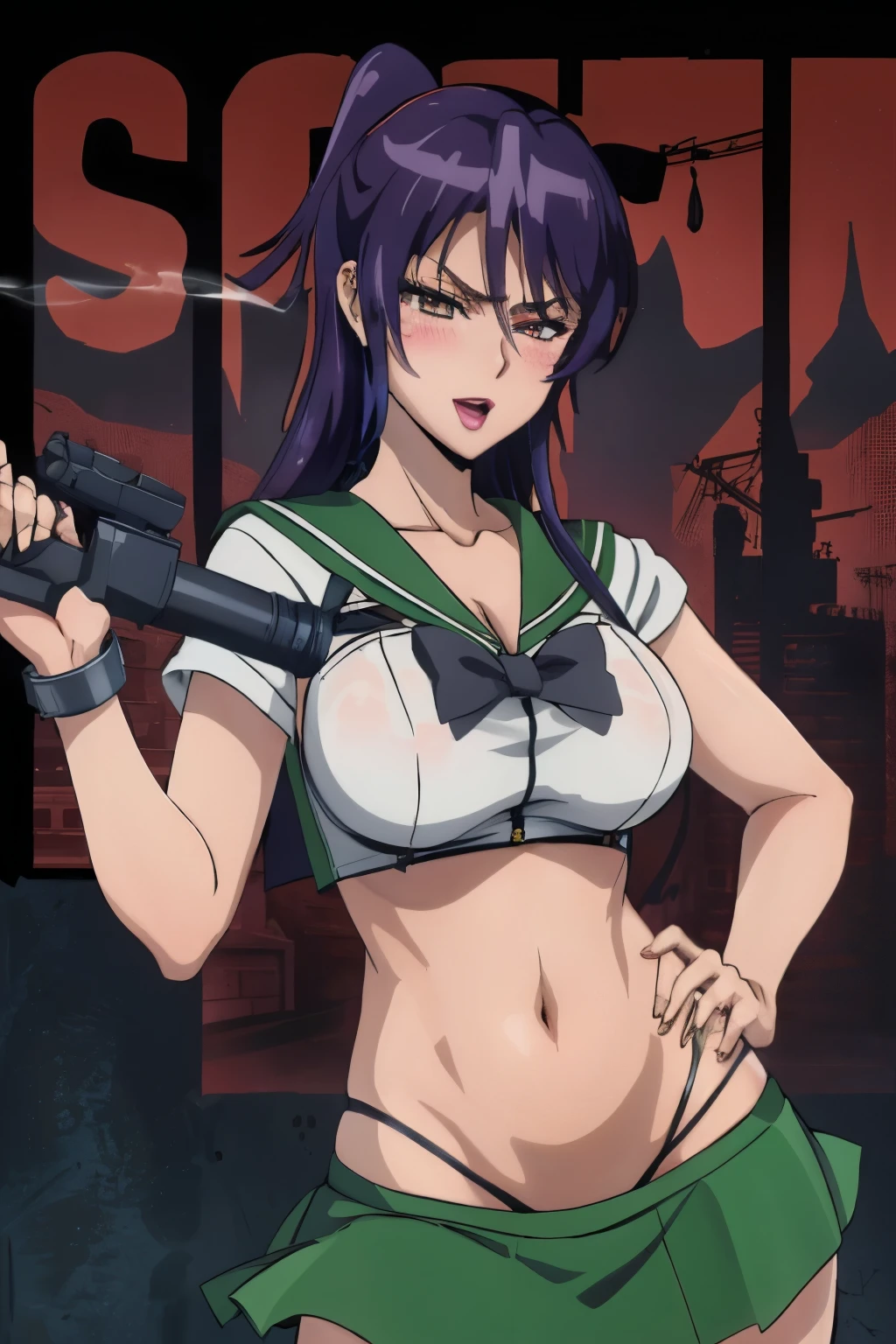 shandy, 1girl, bar,  classy, royal, long hair, blush, lipstick, jewelry, earrings, Hot girl, baddie, staring, glaring, bad attitude, mean girl, dare, angry, hate, crazy, smoking, sensual, attractive , blush, lipstick, masterpiece, best quality, highly detailed, a anime girls in sailor uniforms with a gun posing for a picture,
evil smile, smile, open mouth,black_serafuku, ecchi anime style, anime girls ,
ecchi style, ecchi, shipgirls, digital anime art!!, high school girls, holding a gun, hold a gun, anime style 4
k, micro skirt, exposed belly, exposed navel, exposed midriff,
exposed lower belly,school, classroom