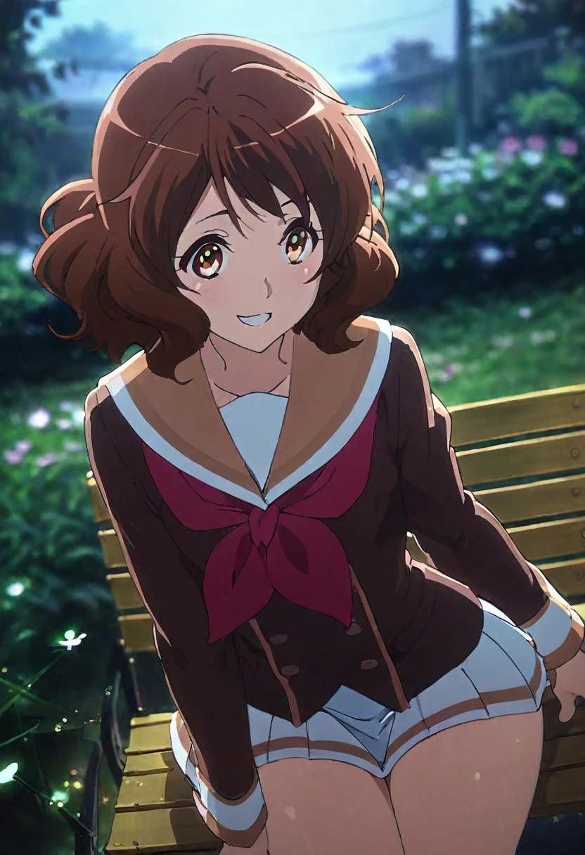 Oumae Kumiko,nsfw ,smile, Grin, break ,,Staring at the audience,(masterpiece:1.2), Outdoor,garden､Sit on a bench､mini skirt,Spread your legs,pants､Soft thighs､Highest quality, (Beautiful attention to detail:1.6), Highly detailed face, Perfect lighting,Low - Angle､whole body､