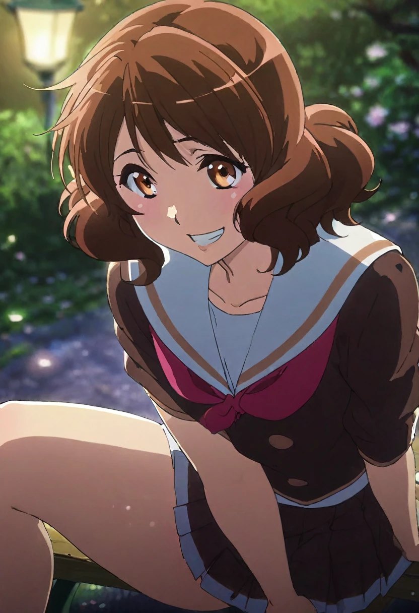 Oumae Kumiko,nsfw ,smile, Grin, break ,,Staring at the audience,(masterpiece:1.2), Outdoor,garden､Sit on a bench､mini skirt,Spread your legs,pants､Soft thighs､Highest quality, (Beautiful attention to detail:1.6), Highly detailed face, Perfect lighting,Low - Angle､whole body､