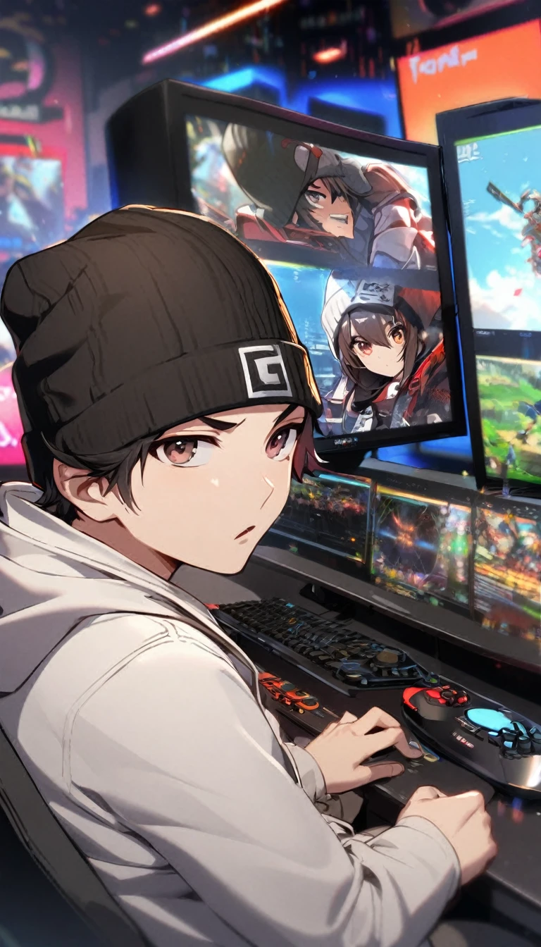 1boy,short red and black hair , beanie , brown eyes , white blazer ,  , gamer 