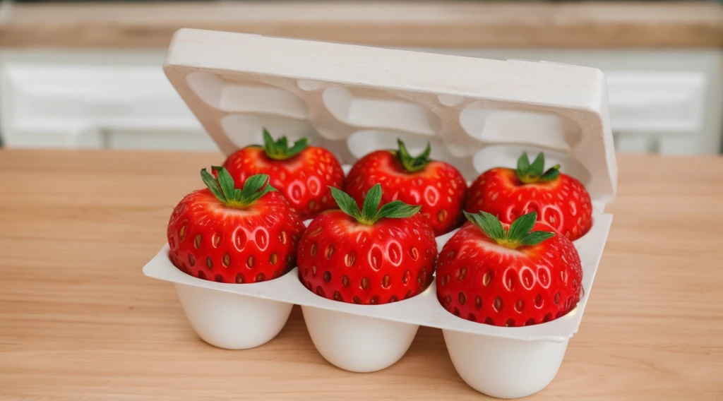 on a wooden table, in a paper egg tray, there are 6 strawberries instead of eggs, strawberries in an egg tray, realistic texture, realistic style, detailed texture, high quality, high resolution, high quality rendering, realistic photo, brightning light, macro photo