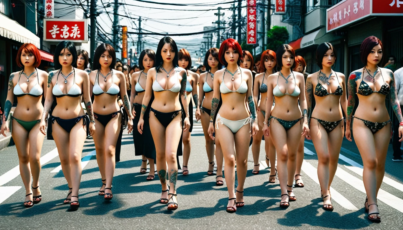 8k, top quality, finish: 1.2), (realistic, photo-realistic: 1.37), highly detailed, (1000 girls), This realistic image shows a large group of Japanese yakuza gangster women full of body tattoos, wearing tight bikinis, walking among Japanese cities. The women in this image are white and appear to have different ages and perfect body shapes. The atmosphere of this picture looks like a parade or a special event involving many female participants. , breasts, beautiful eye details, (traditional dress: 1.1), ((sexy)), curvy body, (full body), standing, sexy,