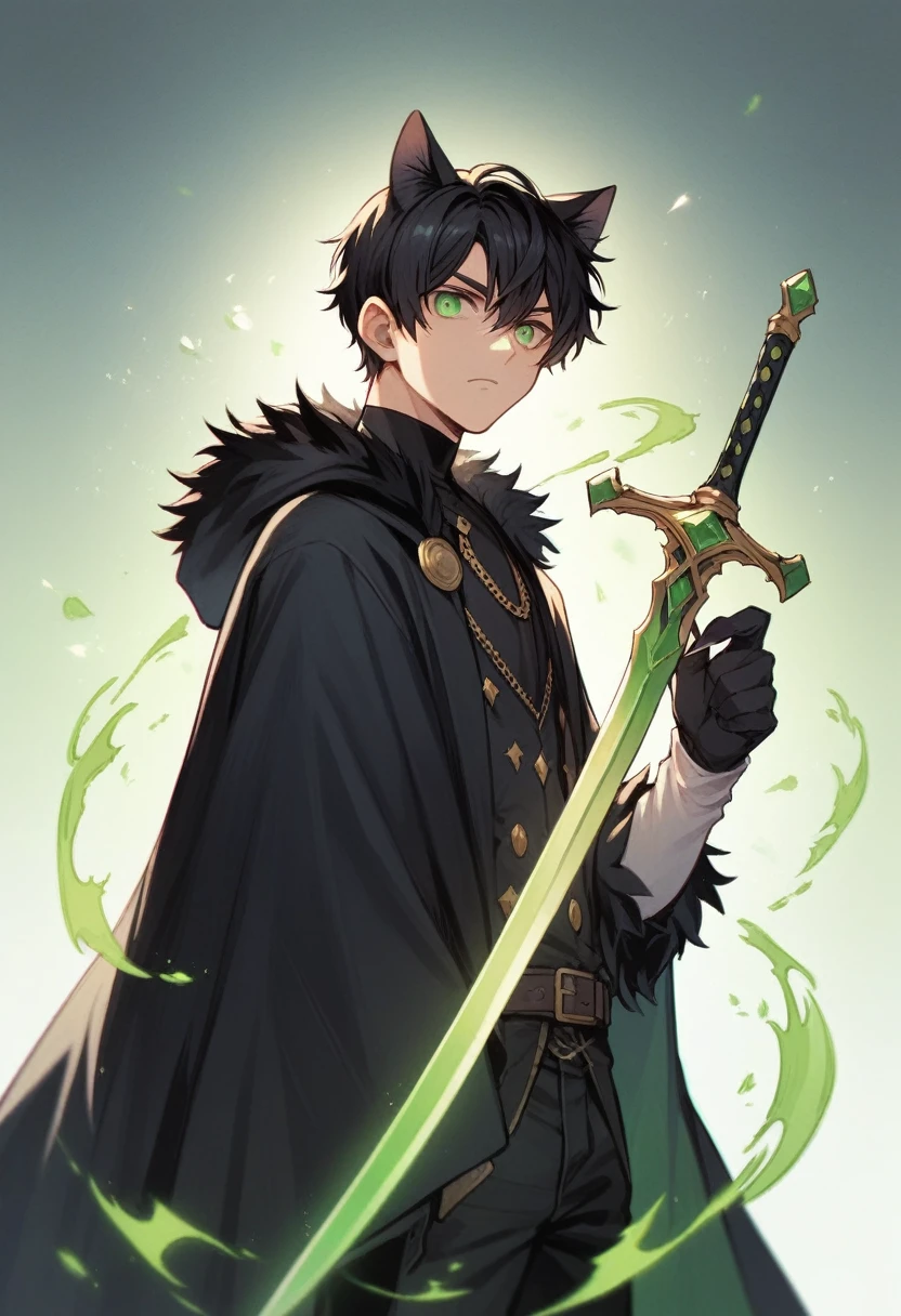 anime boy wearing a black cloak with green energy around him, black hair, green eyes, holding a sword, 4k, anime, black cat ears