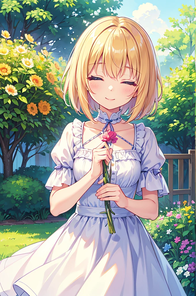 (Highest quality,high resolution:1.2), bright colors, garden, sunny day, summer, bright atmosphere, one woman, Beautiful, attention to detail, Long eyelashes, ((Close your eyes., happy expression)), flowing hair, summer色のドレス, short hair, cowboy shoot