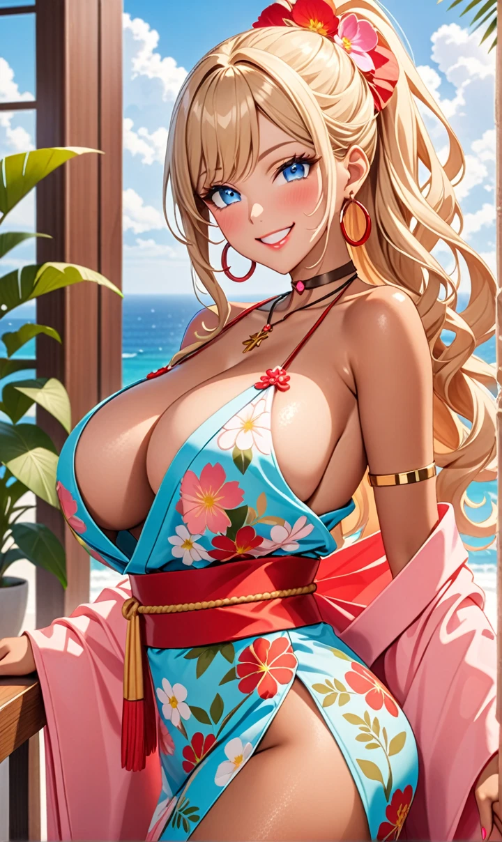 ultra-detailed, ((one girl)), (portrait), ((tan skin:1.4)), in pastel colors gyaru, (heavy makeup), hyper detailed, absurdres, 8k, Beautiful Face, ((teasing smile:1.5)), ((happy smile)), ((sweat)), ((Wink:1.5)), (Laugh with your mouth wide open),((Tilt your face:1.6)), (professional lighting), View your viewers, ((Bright red cheeks:1.6)),Glossy Red Lips, ((huge breasts:1.5)), (undressing), ((Lifting her clothes and showing her nipples:1.1)), noon, summer, Luxury hotel with sea view, Foliage plant, ((Anime style background)),masterpiece, Highest quality, so beautiful,Latest, Complex details, ((Long neon pink nails)), (nail art), (ring),(bracelet), (Floral Choker),AI-generated, Complex,High resolution, Highest quality, super high quality,3D Images、3D Images,One person,Blonde long hair,(High Ponytail), (wavy hair:1.3), Blonde anime woman posing for a photo, ((Fine grain、blue eyes、glowing eyes:1.4)), (Squint your eyes:1.1),a hyperRealistic , hyperRealistic , Realistic,Anime woman with long pastel yellow hair, Smooth anime CG art, A girl in a gorgeous pastel-colored kimono, ((Pastel-colored furisode)),(Pink large floral pattern), (side boob), Long flower hair ornament,big hoop earrings, Mature Body, Big Ass, tall,Narrow waist, front view, ((upper body)),