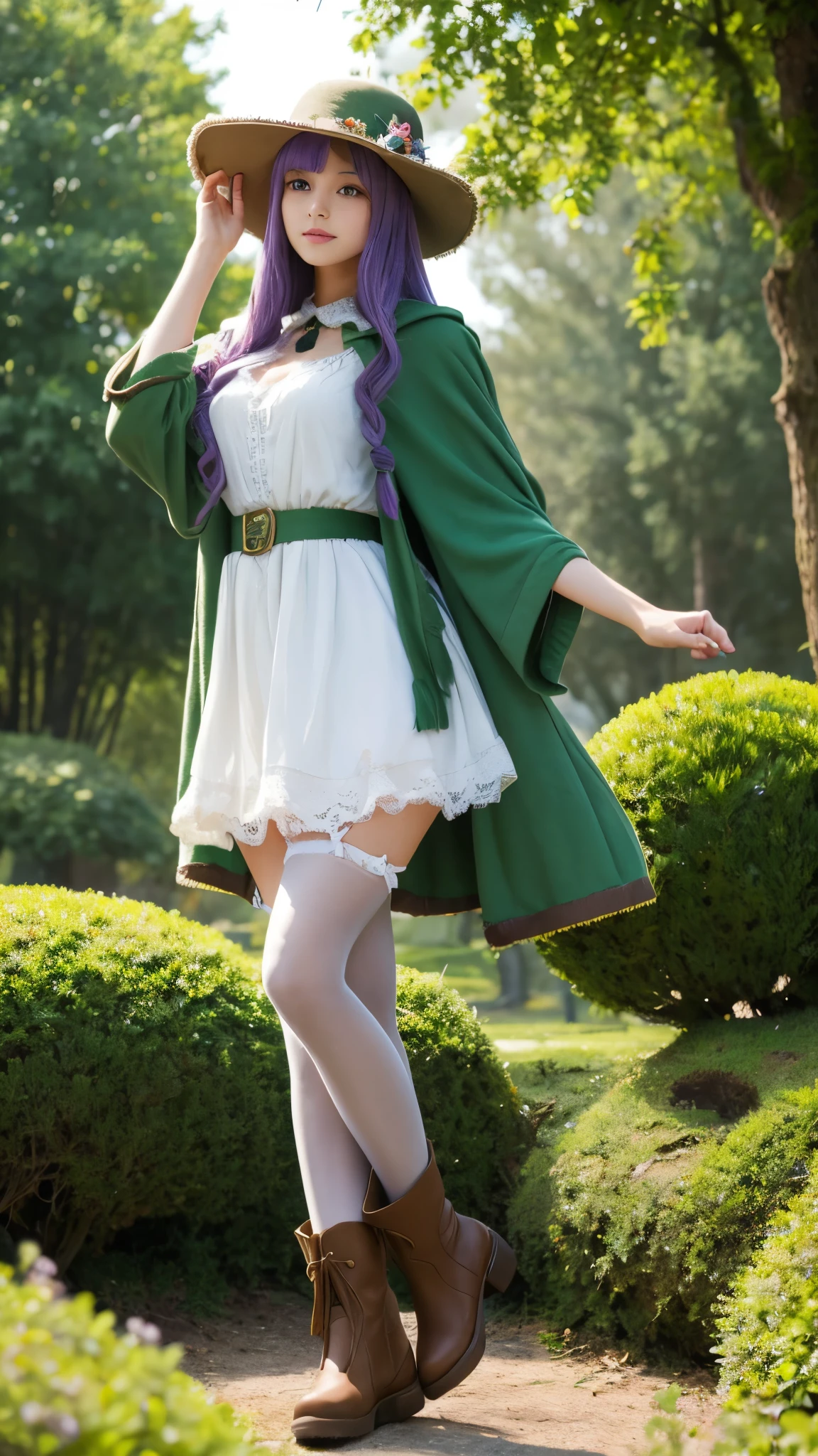 Highest quality, (masterpiece:1.2), figure, Absurd, (One girl, alone), (Beautiful detailed girl),, Aeolian, Lilac hair, Long Hair, Red eyes, Medium chest,, Happy, Hilarious,, Green hat, Hats with feather ornaments, Green Dress, Green coat, (Fantasy:1.1) (Medieval:1.1) Costume, (black_pantyhose:1.1), White shirt, Brown shorts, Fleece lined boots, Brown boots,, Magical Forest, Flowers, Fairy Rings, ancient ruins, Stone ruins, lake, null, cloud